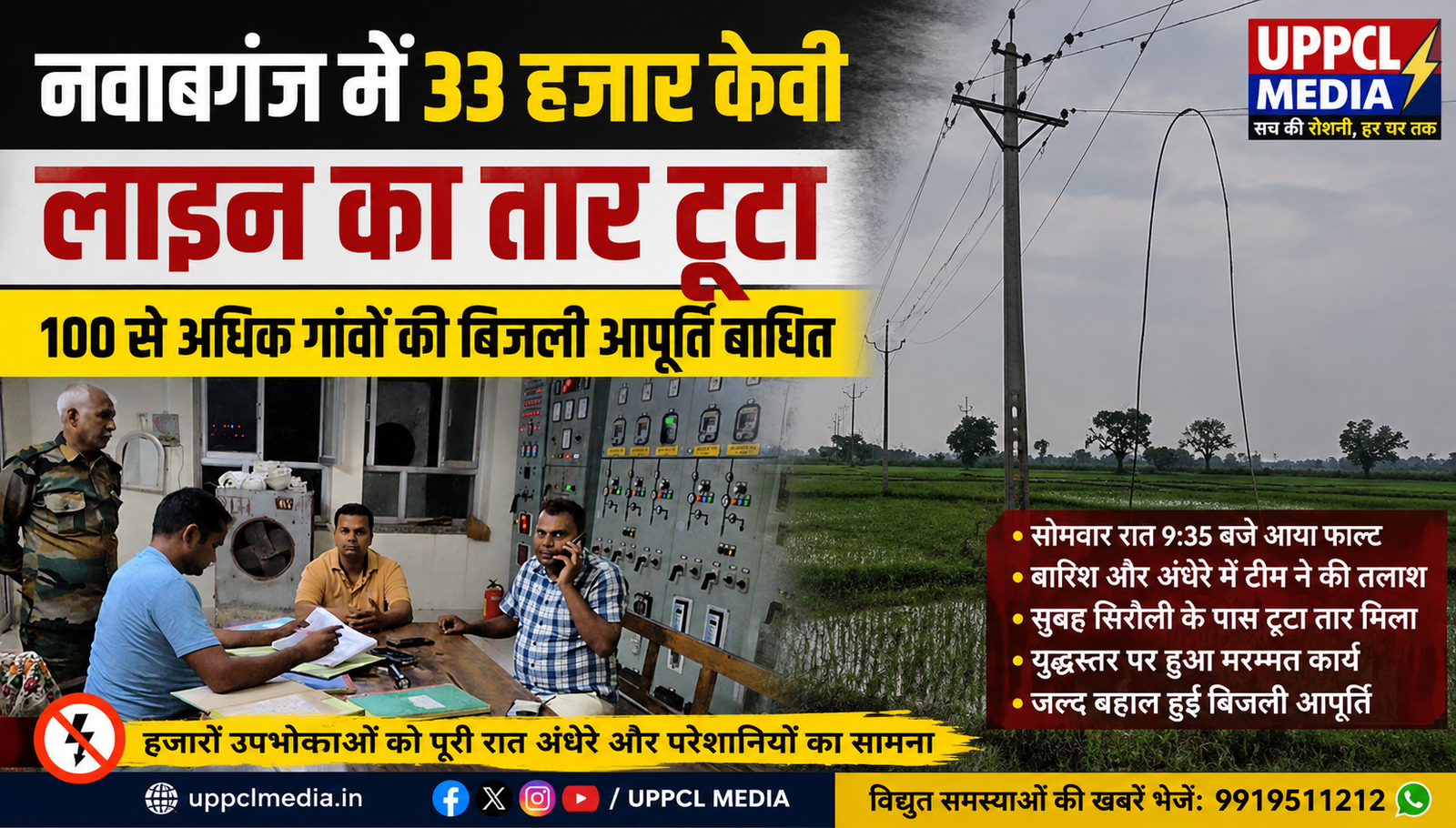 फर्रुखाबाद में 33 केवी लाइन का तार टूटा, 100 से अधिक गांवों की बिजली रातभर रही गुल