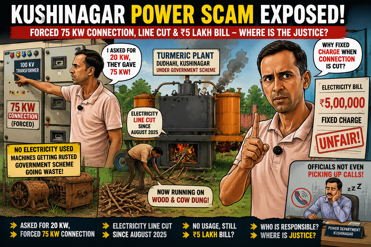 75 KW का जबरन कनेक्शन, 5 लाख का बिल और कटी हुई लाइन! कुशीनगर में किसके इशारे पर चल रहा बिजली विभाग का खेल?