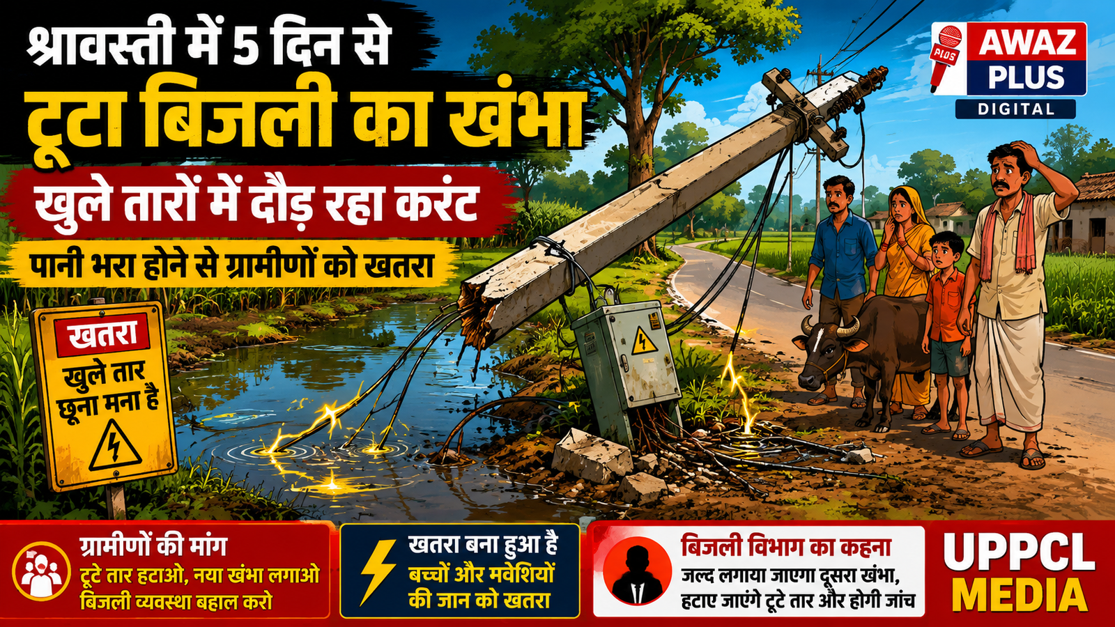 ⚡ श्रावस्ती में 5 दिन से टूटा बिजली का खंभा,:खुले तारों में दौड़ रहा करंट; पानी भरा होने से ग्रामीणों में दहशत