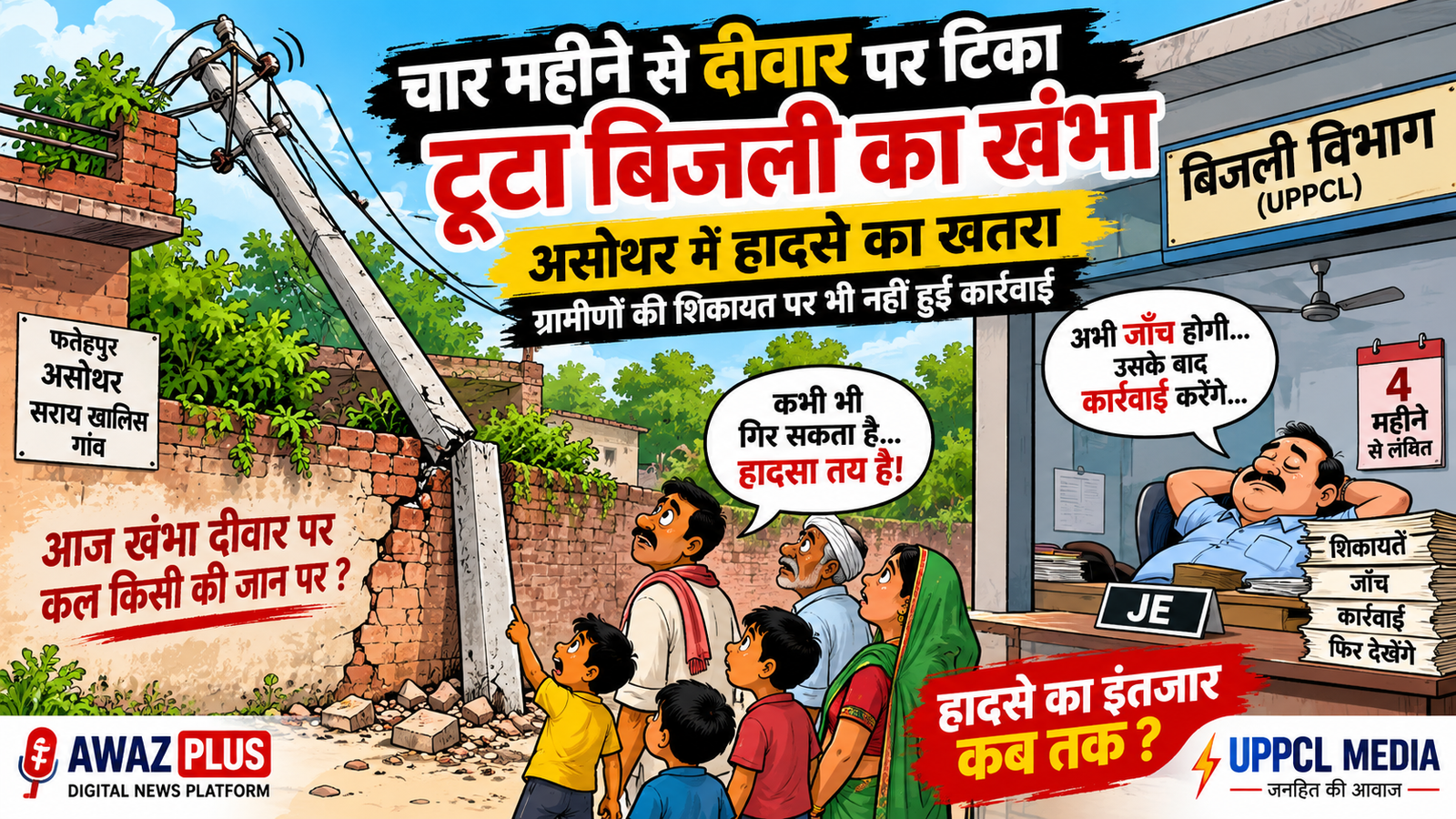 चार महीने से मौत बनकर दीवार पर टिका बिजली का पोल:— विभाग सो रहा या हादसे का इंतजार?
