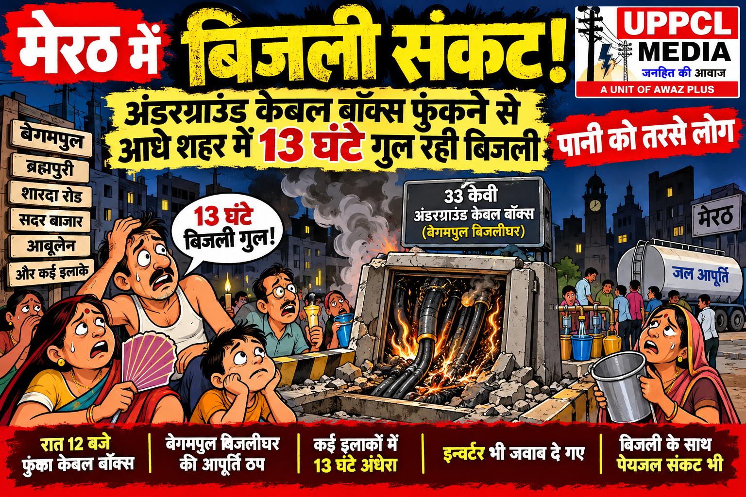 मेरठ में बिजली विभाग की बदइंतजामी! अंडरग्राउंड केबल बॉक्स फुंकने:से आधा शहर 13 घंटे अंधेरे में, पानी के लिए भी तरसे लोग
