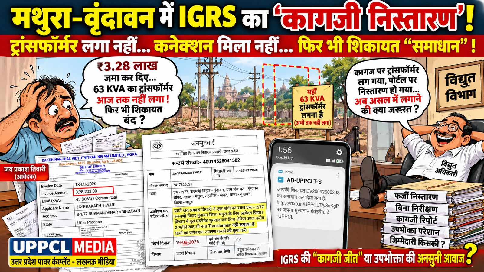 मथुरा-वृंदावन में IGRS निस्तारण पर बड़ा सवाल: ट्रांसफॉर्मर लगा नहीं:कनेक्शन मिला नहीं, फिर भी शिकायत “समाधान” के नाम पर बंद!