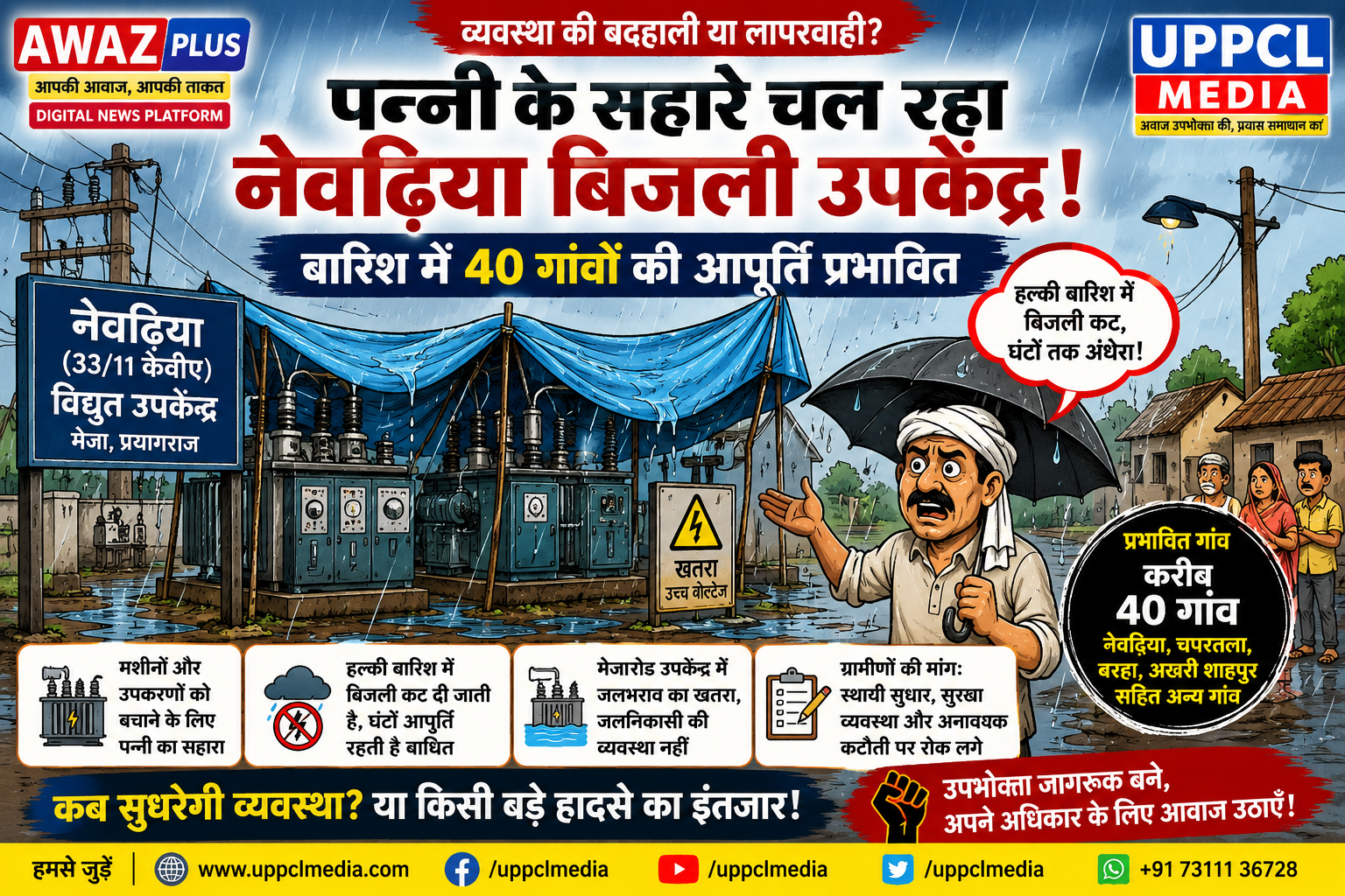 पन्नी के सहारे नेवढ़िया बिजली उपकेंद्र:बारिश आते ही 40 गांवों पर संकट