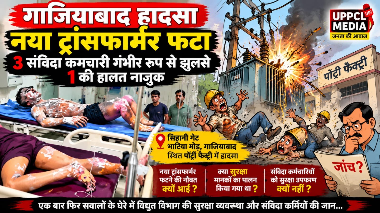 🚨 गाजियाबाद में ट्रांसफार्मर हादसा: नया:ट्रांसफार्मर फटा, 3 संविदा कर्मचारी गंभीर रूप से झुलसे