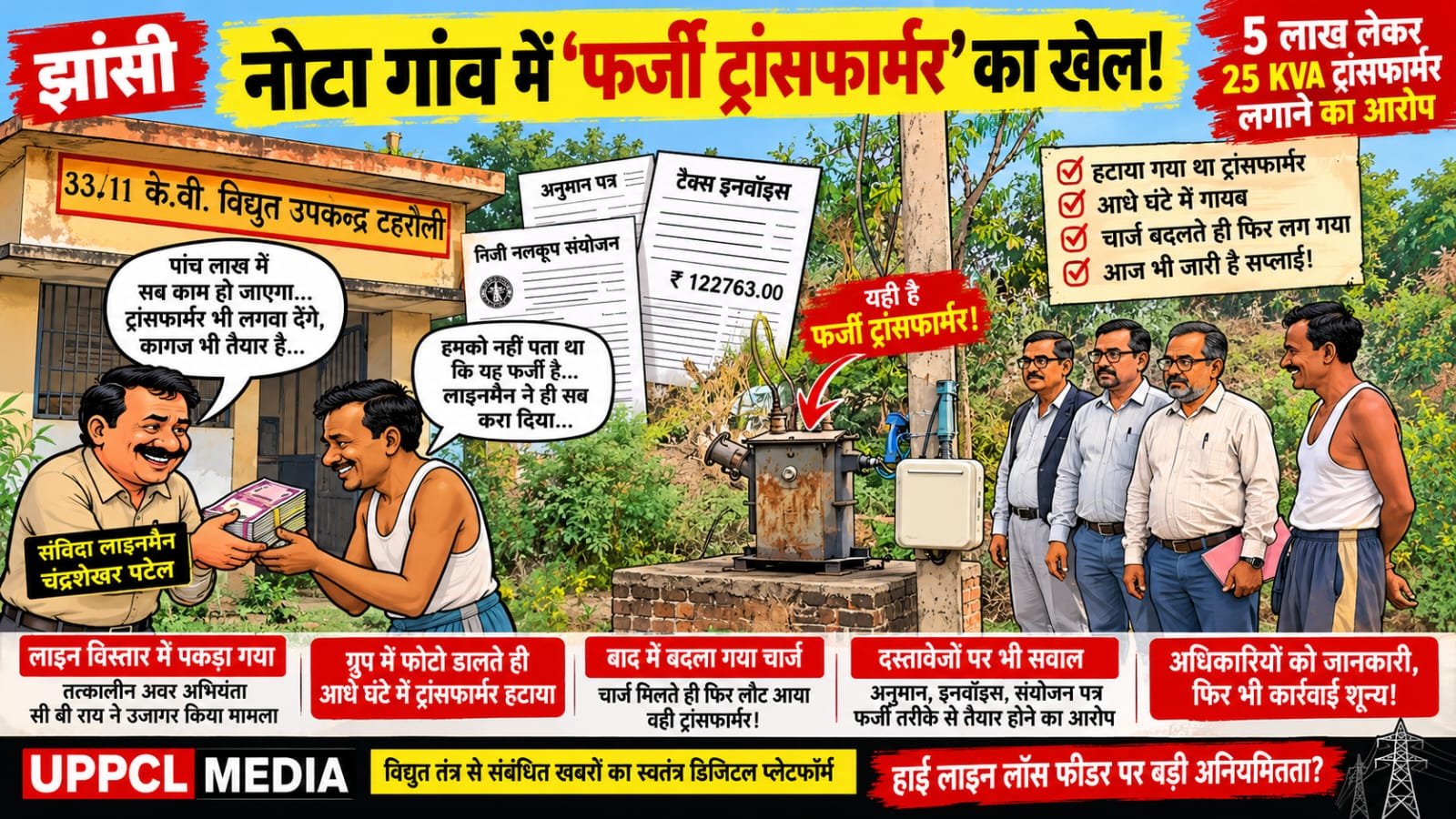 झांसी में ‘फर्जी ट्रांसफार्मर’ का खेल! पांच लाख रुपये:लेकर 25 KVA ट्रांसफार्मर लगाने का आरोप, खुलासे के बाद भी कार्रवाई शून्य?