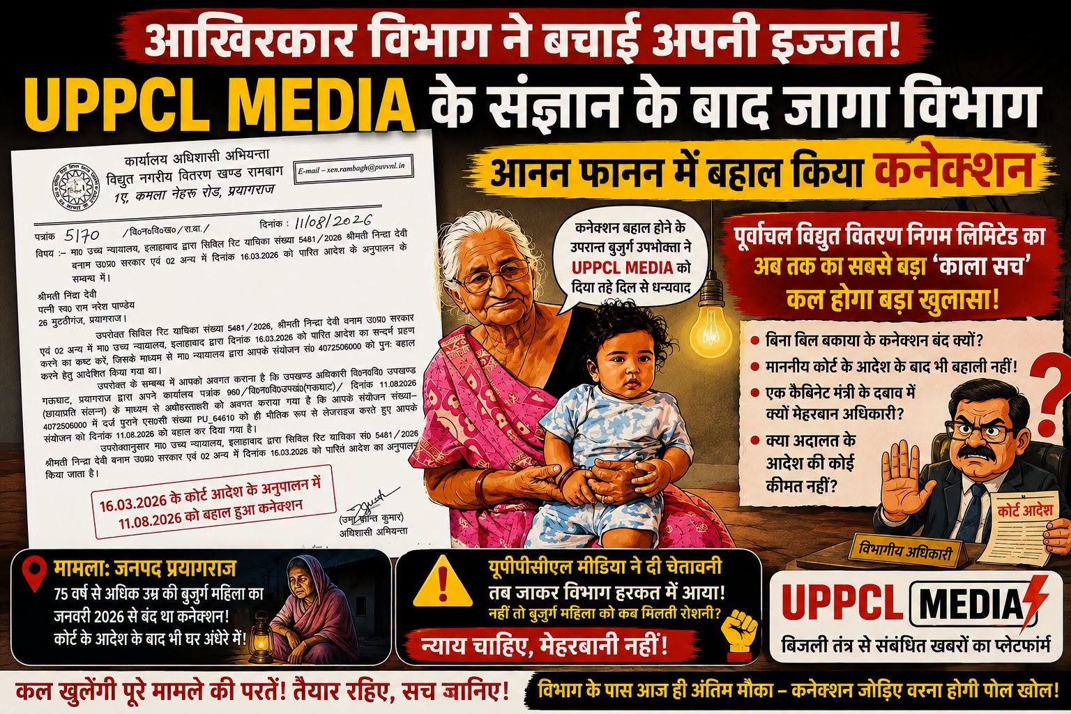  आखिरकार विभाग ने बचाई अपनी इज्जत!  UPPCL MEDIA के तेवरों के बाद जागा पूर्वांचल विद्युत वितरण निगम, हाईकोर्ट के आदेश के करीब 5 महीने बाद बहाल किया बुजुर्ग महिला का कनेक्शन