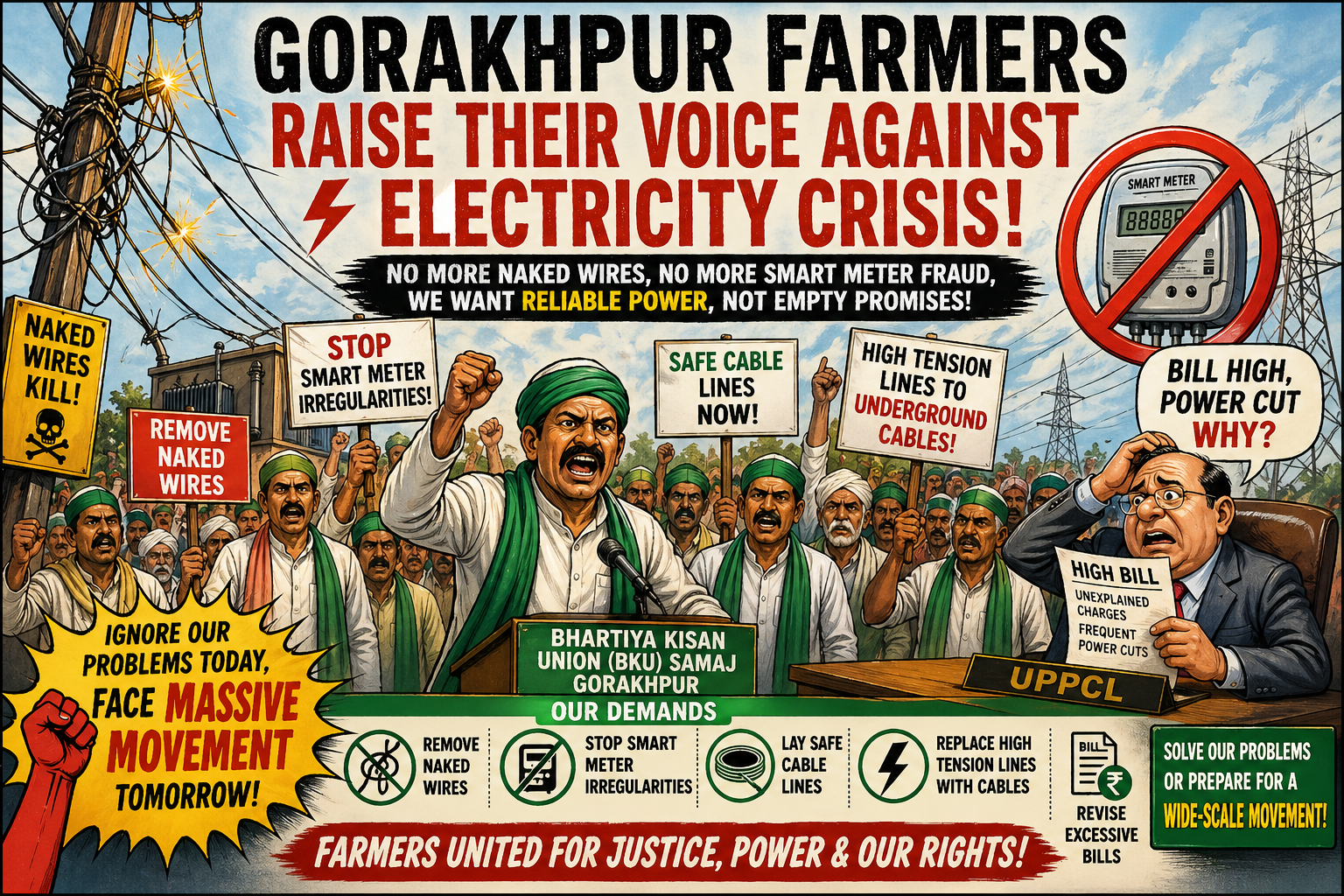⚡ गोरखपुर में बिजली विभाग के खिलाफ किसानों का हल्लाबोल, स्मार्ट मीटर से लेकर नंगे तारों तक उठे सवाल