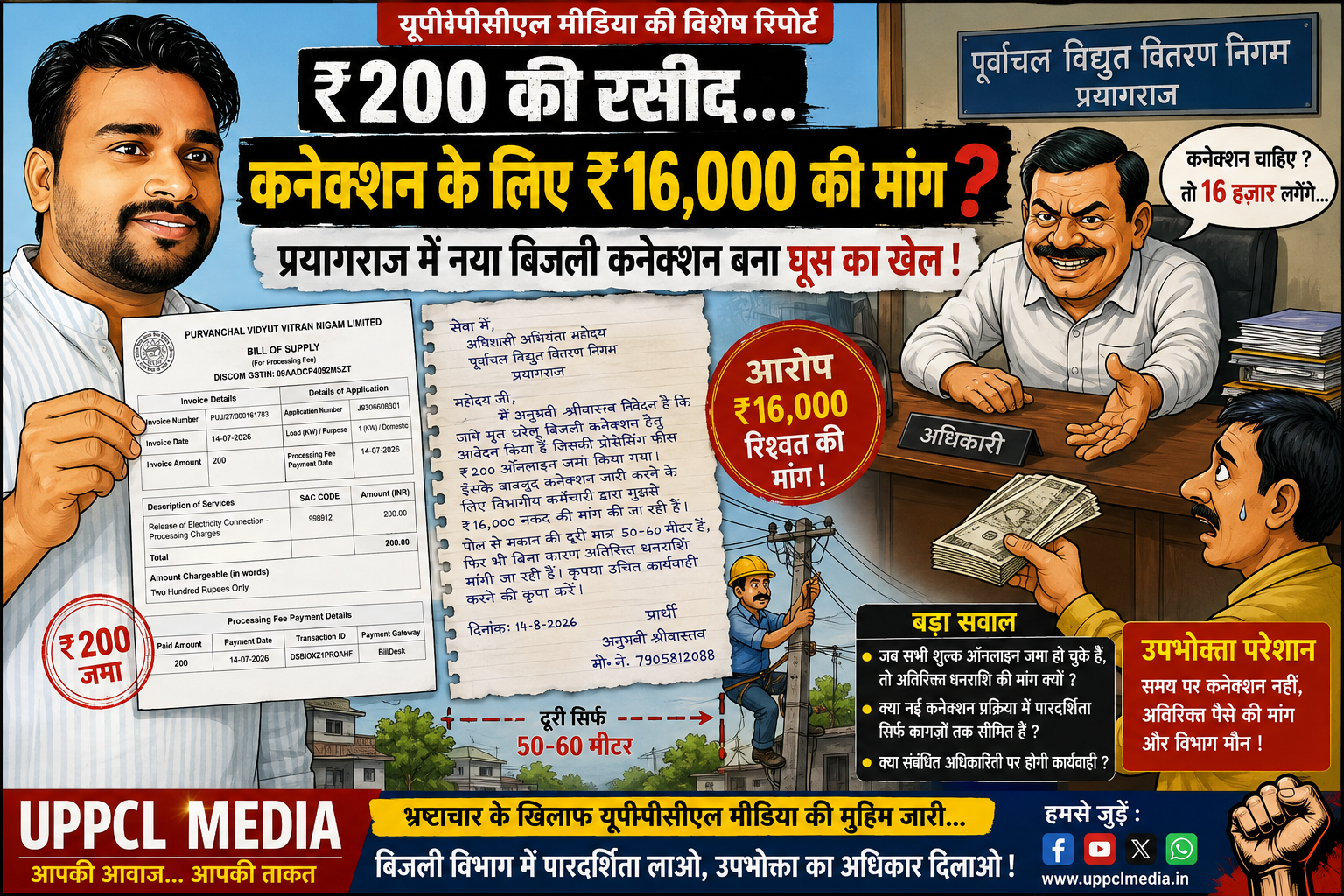 ₹200 की रसीद, फिर भी ₹16 हजार की मांग का आरोप! प्रयागराज में नए बिजली कनेक्शन पर रिश्वतखोरी के गंभीर आरोप, विभाग में मचा हड़कंप