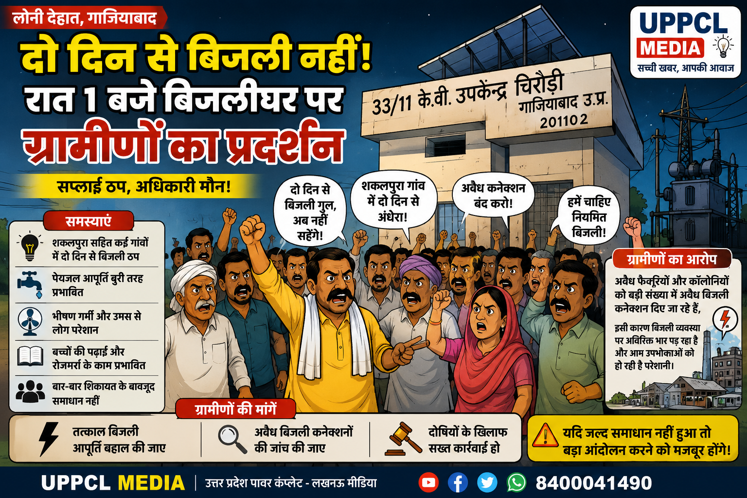 लोनी देहात में दो दिन से बिजली गुल: रात 1 बजे बिजलीघर पर ग्रामीणों का प्रदर्शन, अवैध कनेक्शनों पर उठाए सवाल