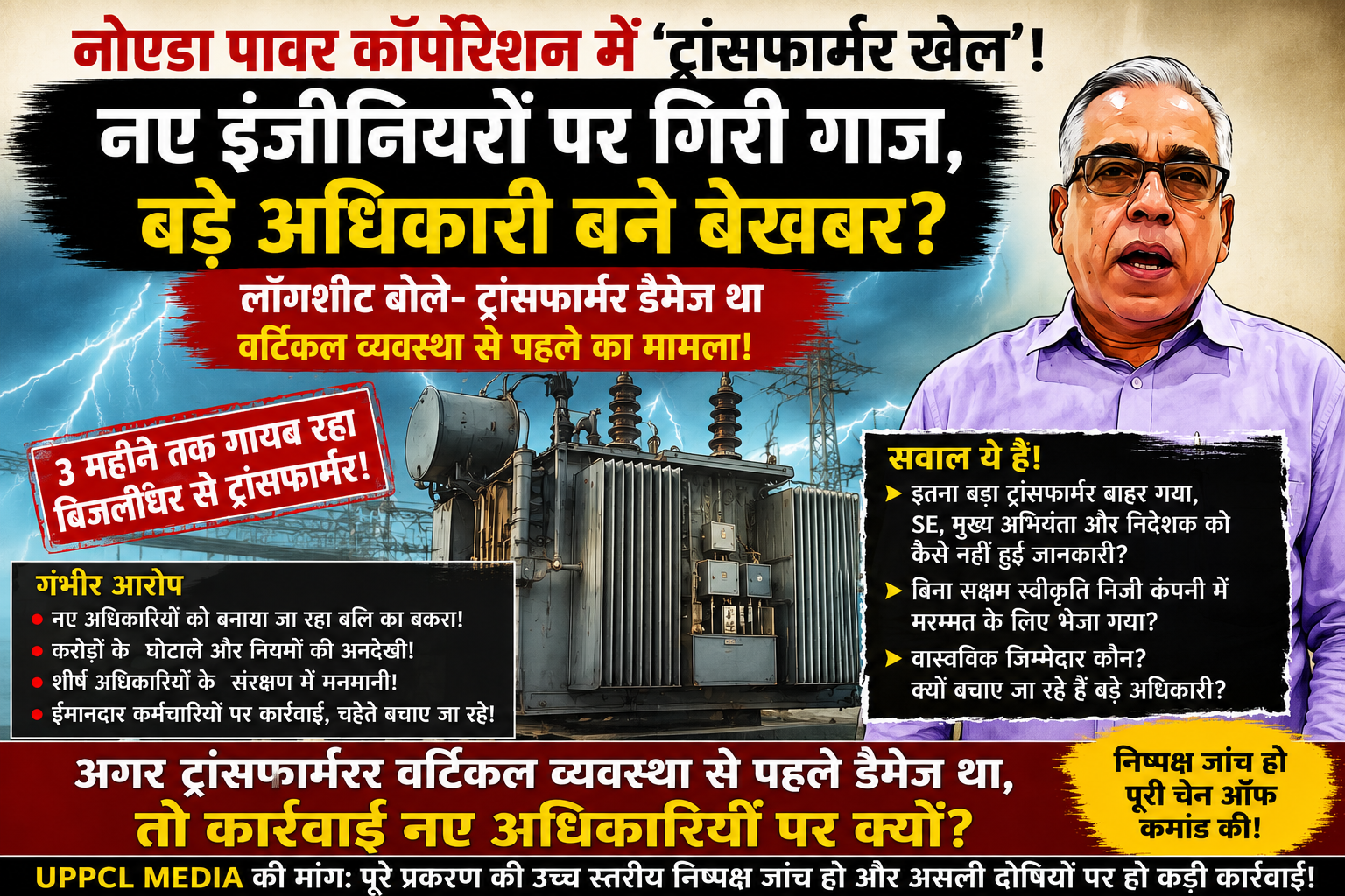 नोएडा पावर कॉर्पोरेशन में 'ट्रांसफार्मर खेल' का महाघोटाला? नए इंजीनियरों पर कार्रवाई, असली जिम्मेदार कौन? तीन महीने गायब रहा करोड़ों का पावर ट्रांसफार्मर, उठे बड़े सवाल