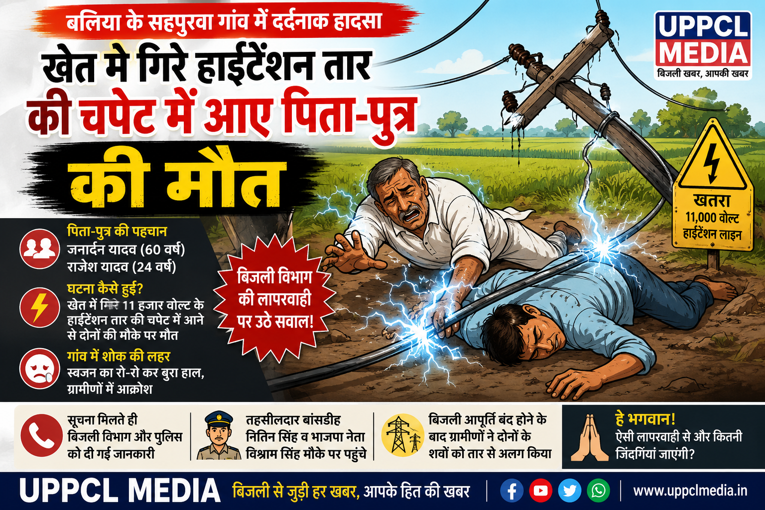 बलिया में खेत में गिरे 11 केवी हाईटेंशन तार की चपेट में आने से पिता-पुत्र की दर्दनाक मौत, बिजली विभाग पर उठे सवाल