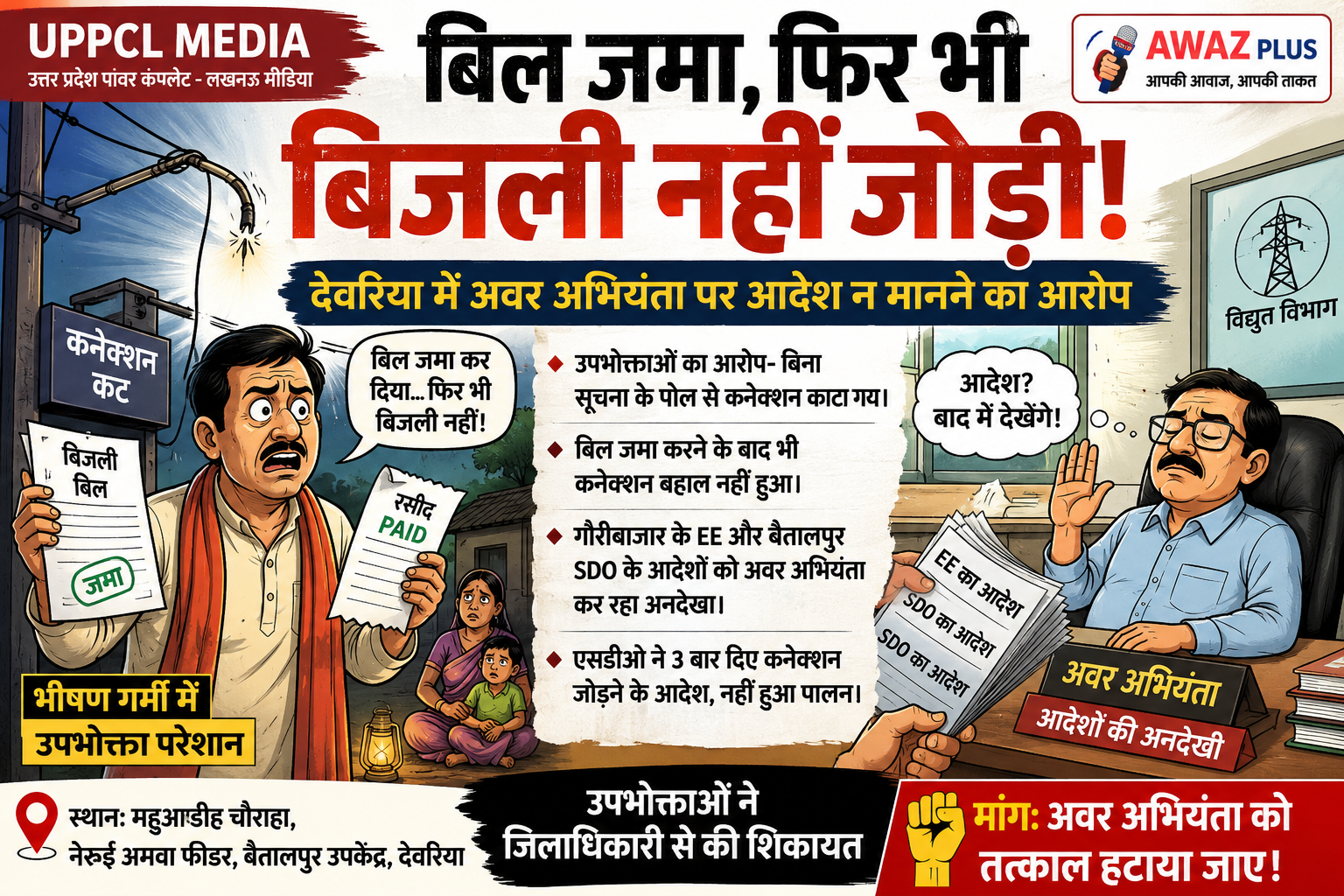 बिल जमा, फिर भी नहीं जुड़ी बिजली: देवरिया में जेई पर अधिकारियों के आदेश न मानने का आरोप, उपभोक्ता पहुंचे डीएम के पास