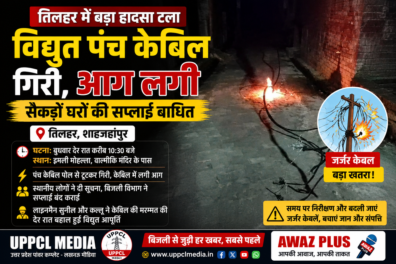 तिलहर में पंच केबल टूटकर गिरी, लगी आग: सैकड़ों घरों की बिजली गुल, बड़ा हादसा टला