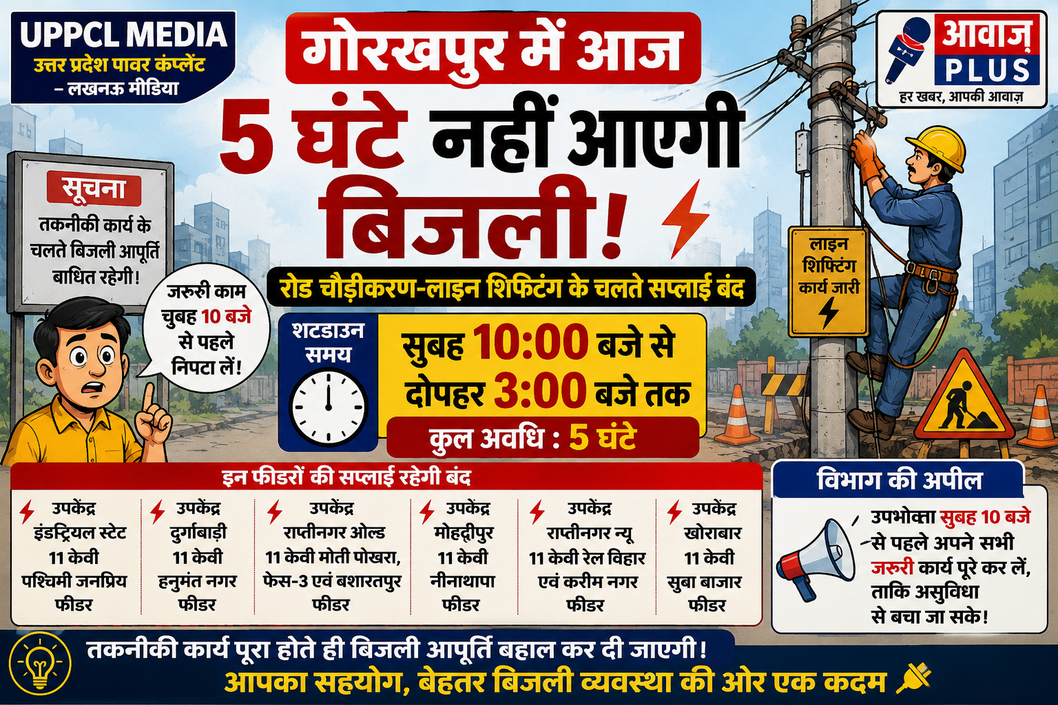 गोरखपुर में आज 5 घंटे बिजली रहेगी बंद, रोड चौड़ीकरण व लाइन शिफ्टिंग के लिए सुबह 10 से दोपहर 3 बजे तक रहेगा शटडाउन