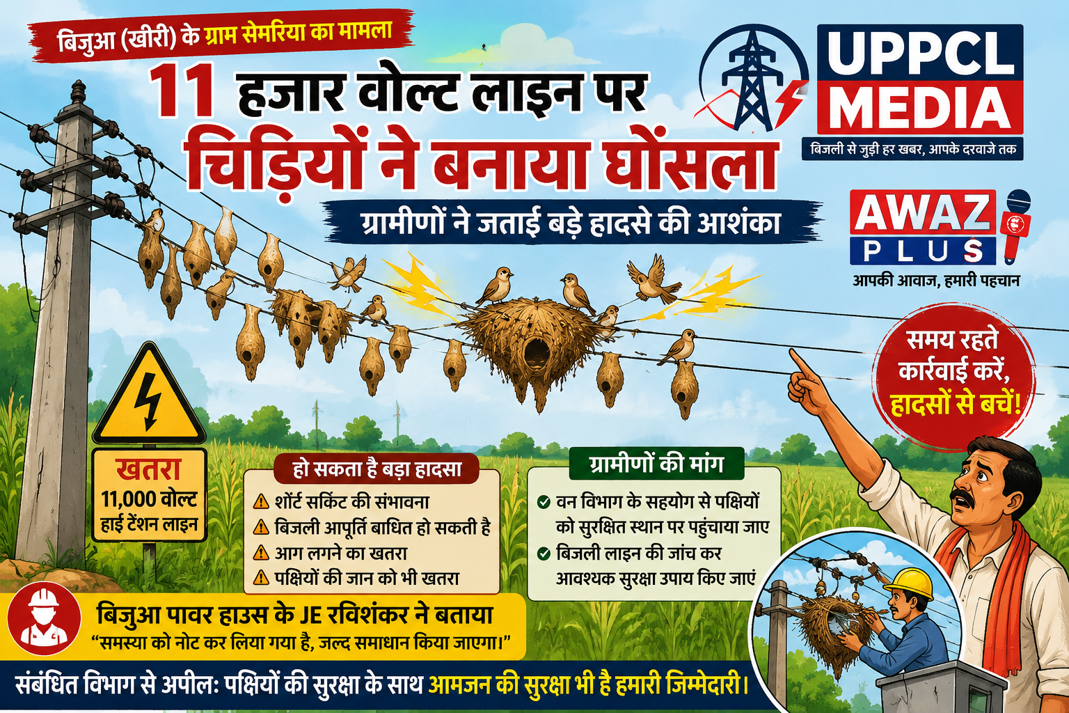 11 हजार वोल्ट लाइन पर चिड़ियों का घोंसला, ग्रामीणों ने जताई बड़े हादसे की आशंका