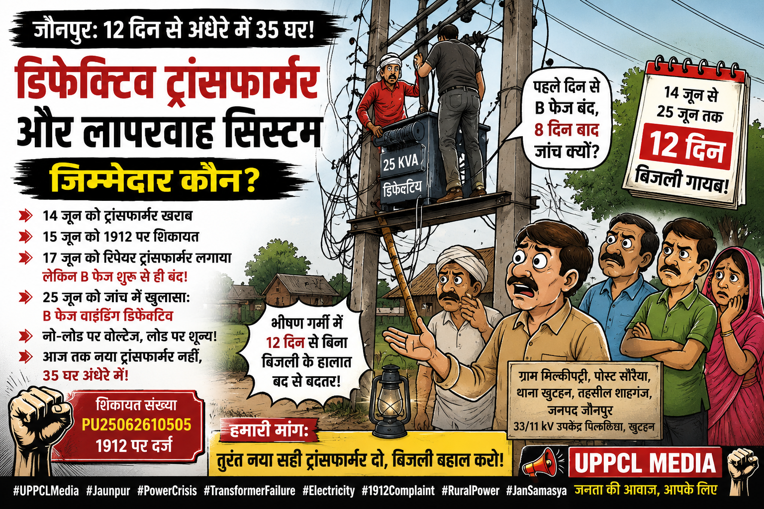 🚨 12 दिन से अंधेरे में 35 घर! रिपेयर के नाम पर लगा दिया डिफेक्टिव ट्रांसफार्मर, जिम्मेदार कौन?