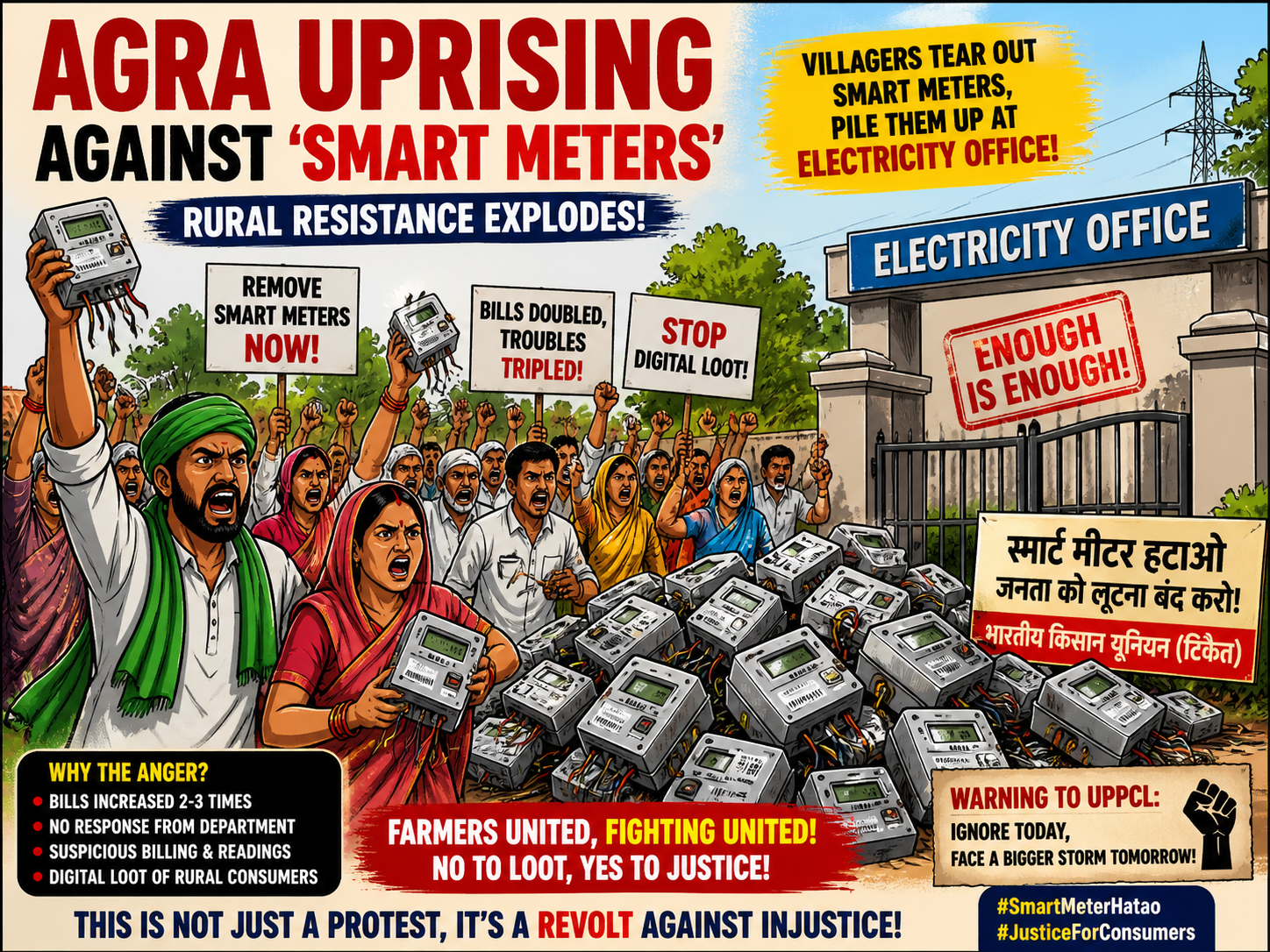 बढ़े हुए बिलों से नाराज़ जनता का विस्फोट, भारतीय किसान यूनियन (टिकैत) की अगुवाई में खुला विरोध; UPPCL की कार्यप्रणाली पर गंभीर सवाल