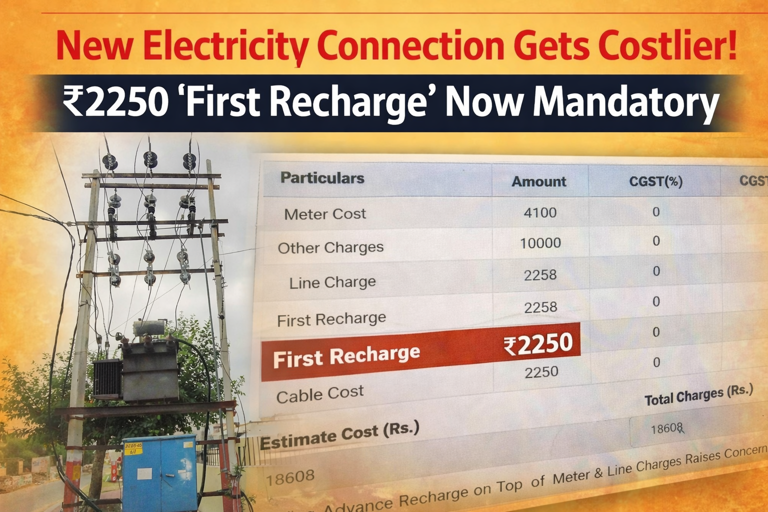 नया बिजली कनेक्शन सस्ता होने की जगह महँगा! अब “फर्स्ट रिचार्ज” के नाम पर ₹2250 की अतिरिक्त वसूली