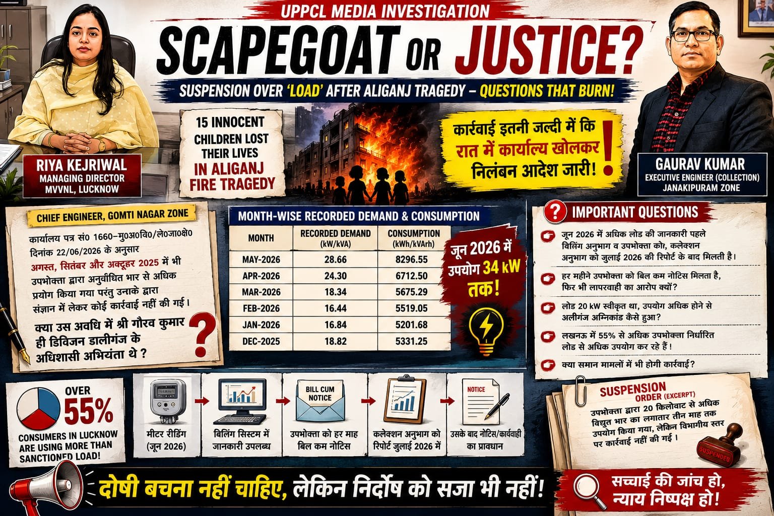 🔥 अलीगंज अग्निकांड के बाद ‘लोड’ की आड़ में कार्रवाई! मुख्य अभियंता की रिपोर्ट के आधार पर एमडी मध्यांचल ने अधिशासी अभियंता (कलेक्शन) को किया था निलंबित