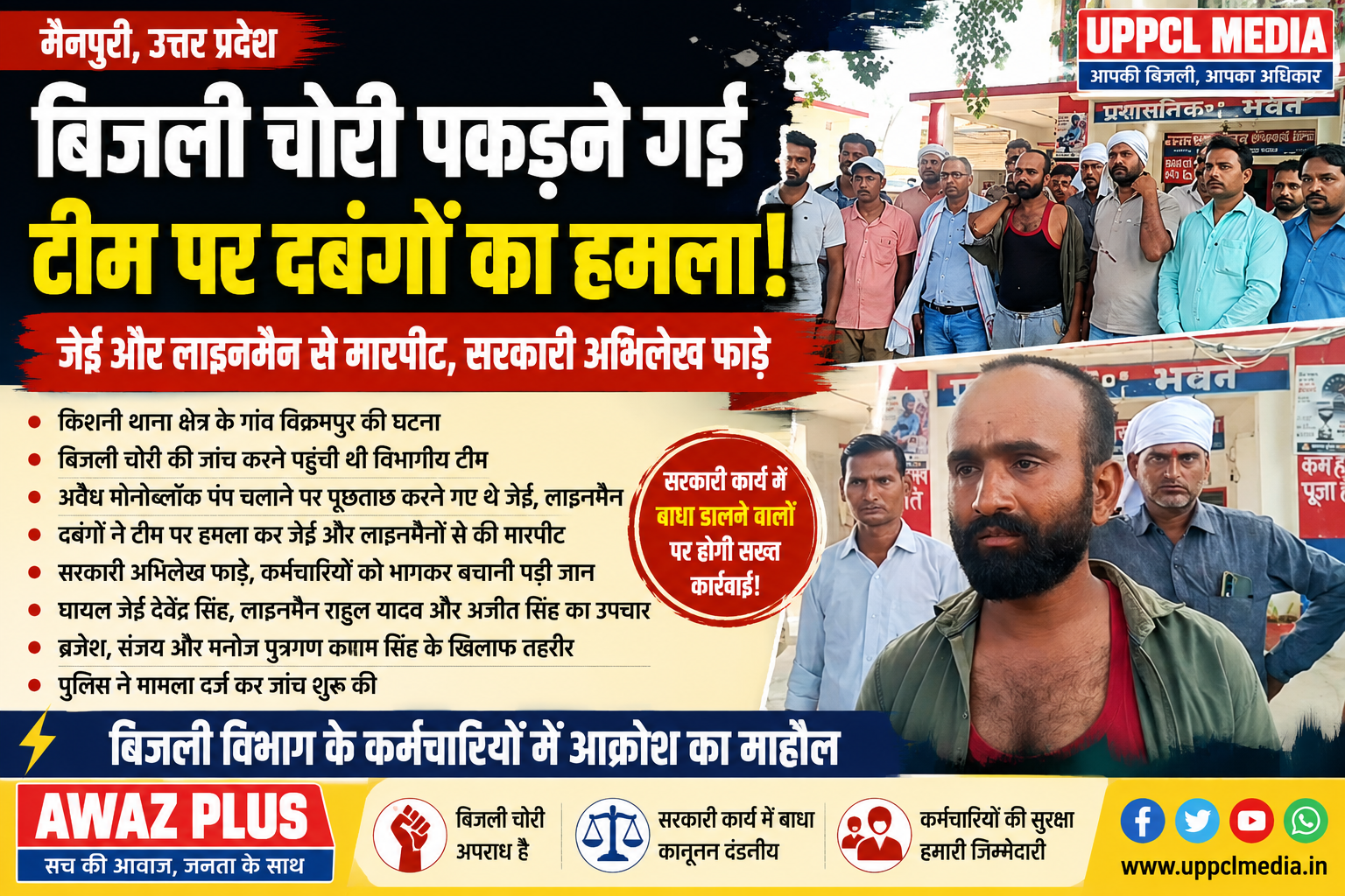 बिजली चोरी पकड़ने गई विद्युत विभाग की टीम पर हमला, जेई और लाइनमैन से मारपीट; सरकारी अभिलेख भी फाड़े