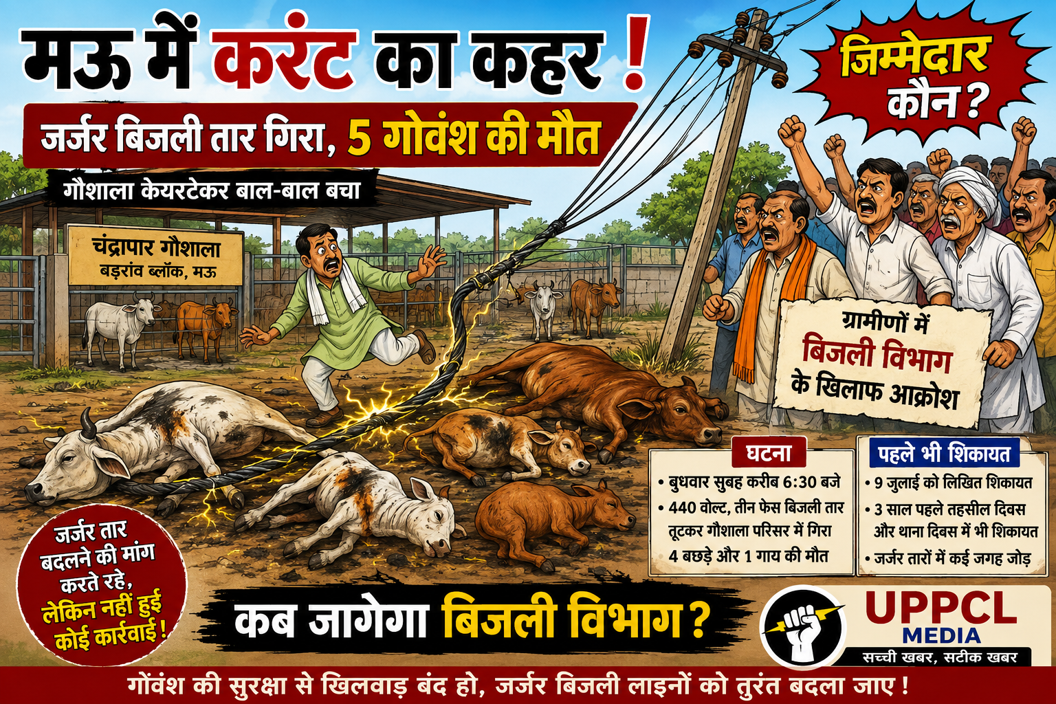 मऊ में करंट का कहर: जर्जर बिजली तार की चपेट में आकर 5 गोवंश की मौत, ग्रामीणों में आक्रोश
