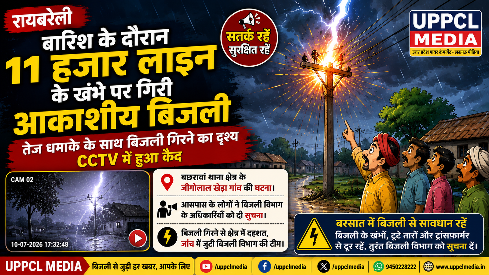 रायबरेली: 11 हजार वोल्ट लाइन के खंभे पर गिरी आकाशीय बिजली, धमाके का CCTV वीडियो वायरल